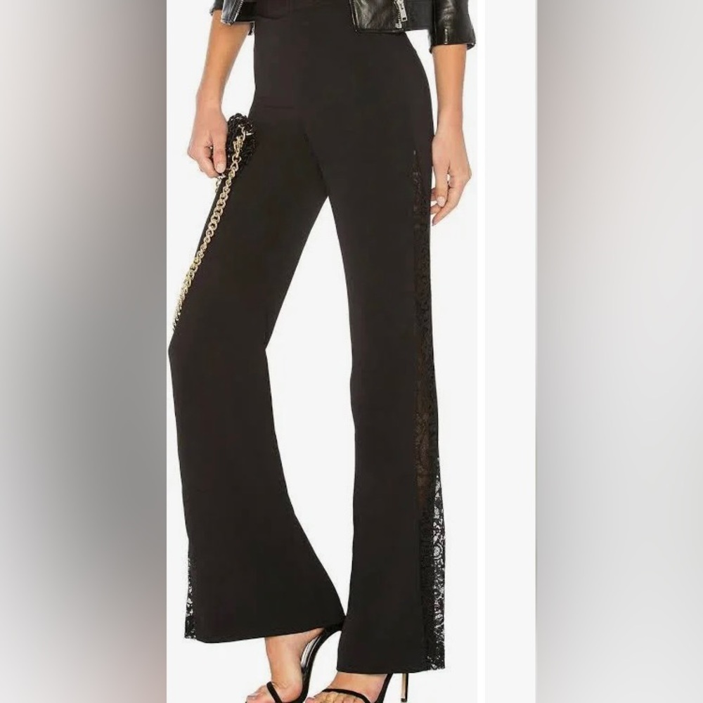 Alice + Olivia Mandy Lace Panel flare pants. Black with lace down the leg.